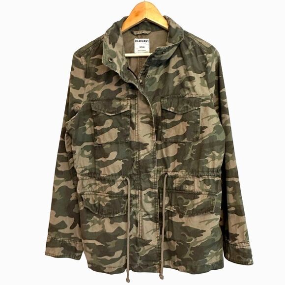 Old Navy Green Camo Jacket Womens Medium Cotton Drawstring Waist Lightweight - Picture 1 of 7